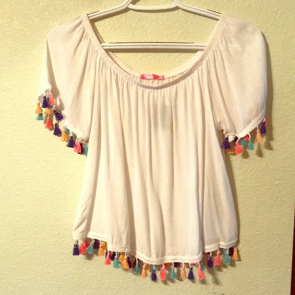 White multicolored tassel crop top